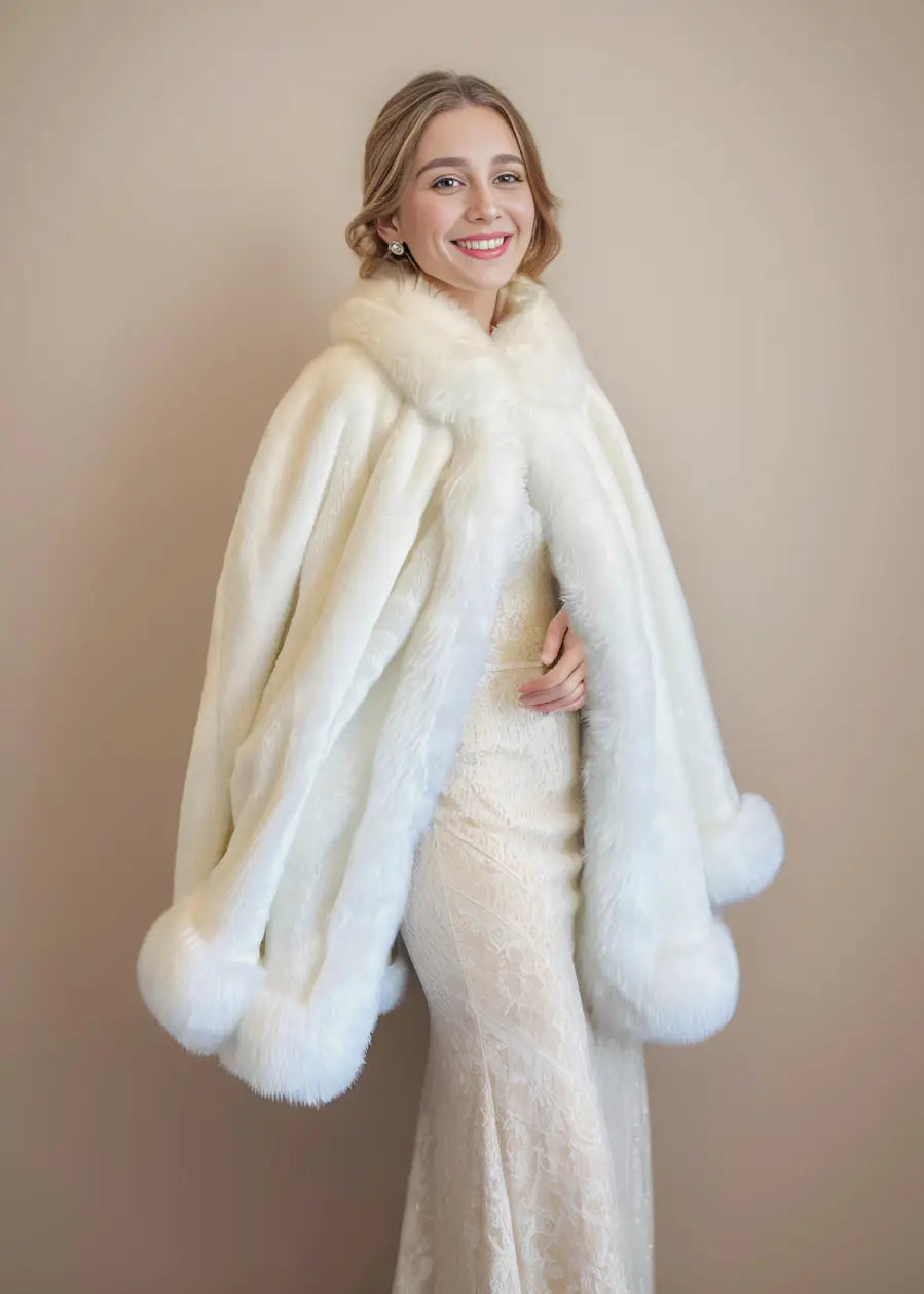 Super Warm Faux Fur Bridal Cape, Christmas Fur Cape, Wedding Fur Wrap, Bridal Faux Fur Stole Fur Shawl (OSJennifer Wht01)