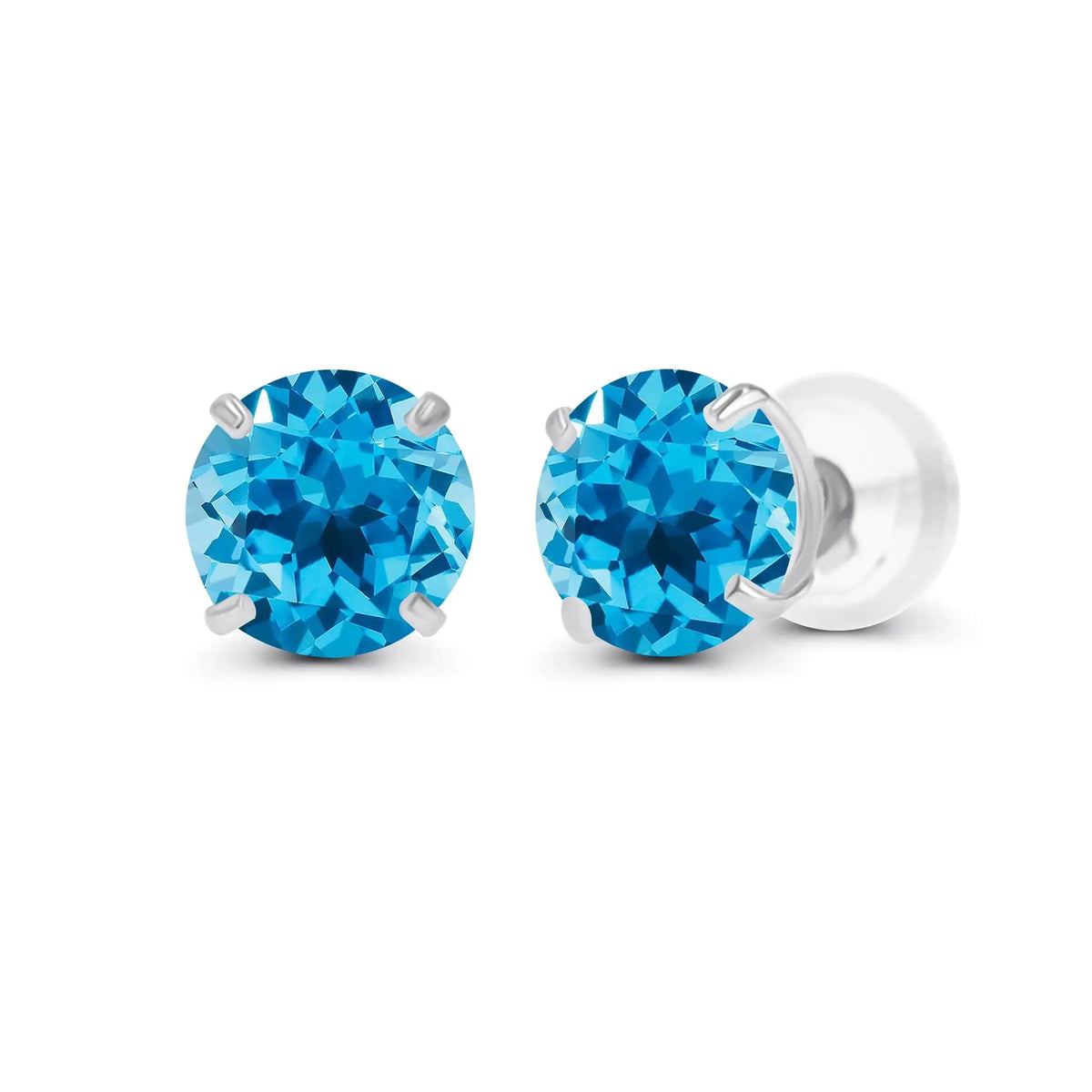 Swiss Blue Topaz earrings featuring round brilliant 6mm blue gemstones set in 14K white gold four-prong studs