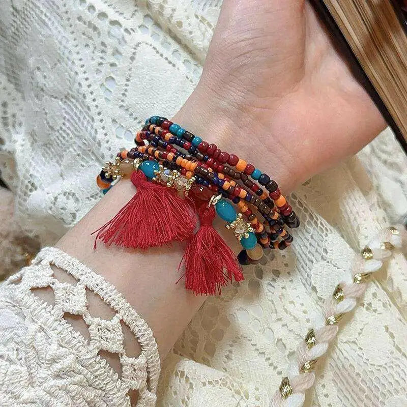 Elevate your style with the tassel rice bead bracelet in luxury fashion $8 1-piece synthetic crystal, rice beads care