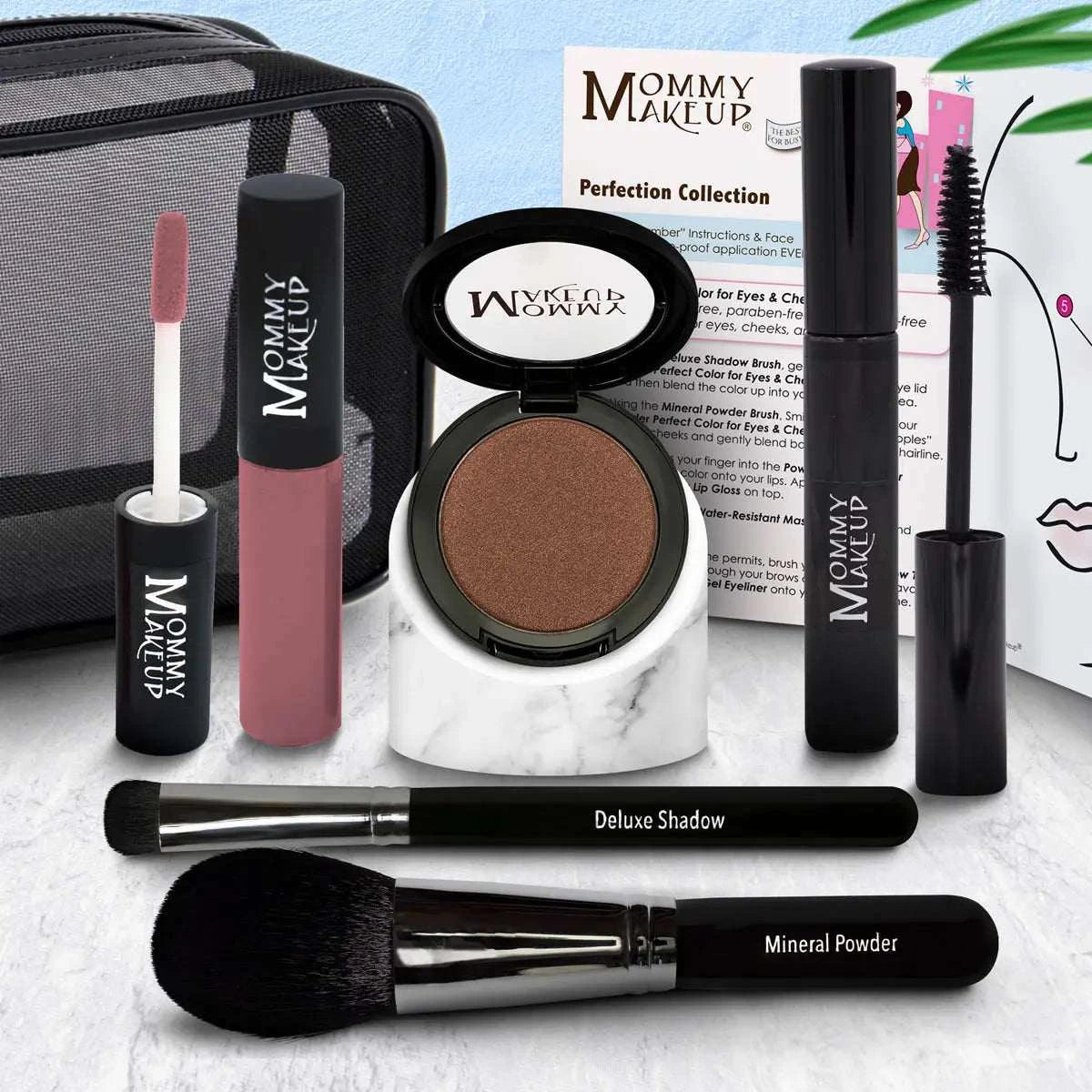 Brown eyeshadow compact from woke up wow perfection collection silicone-free makeup set with white marble base