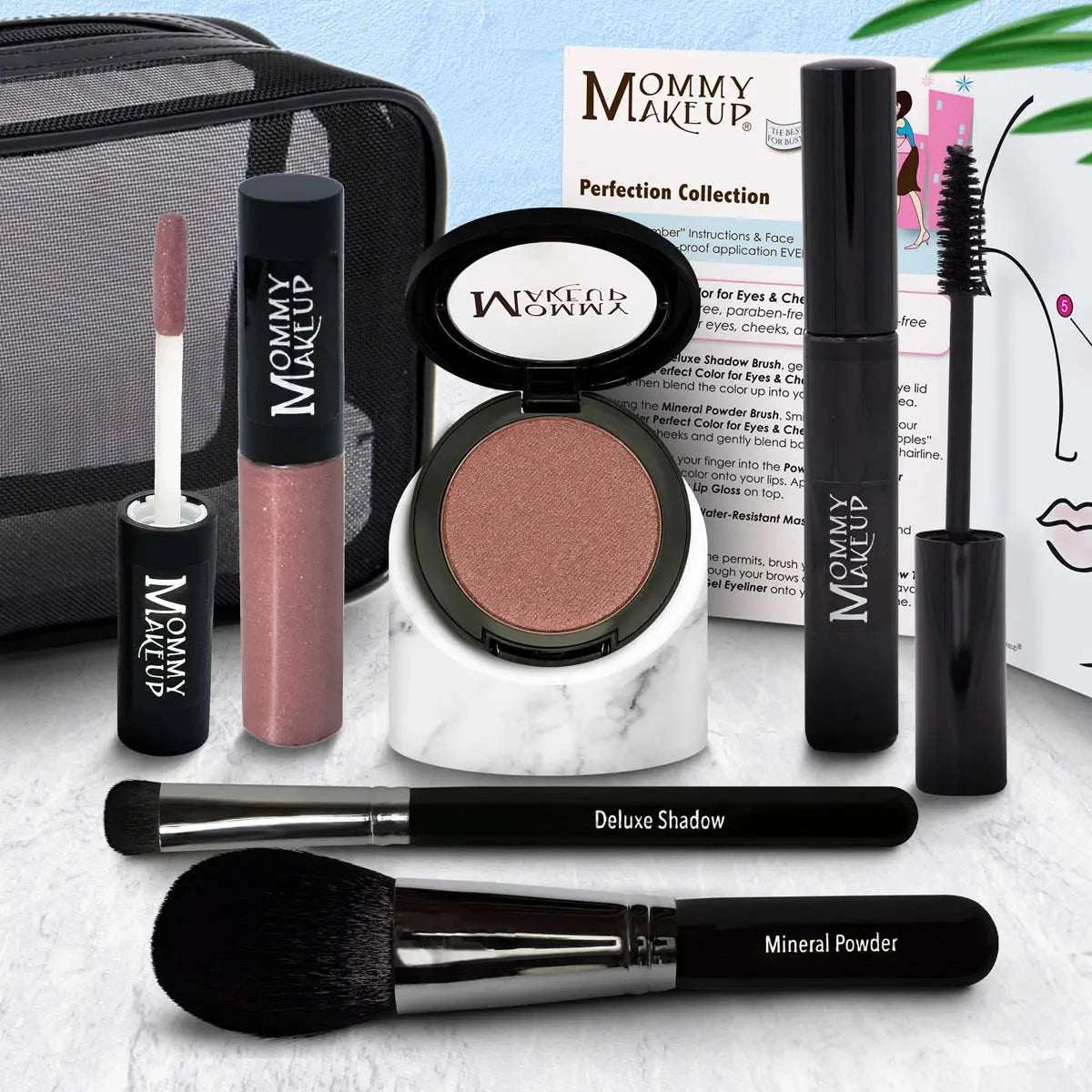 The mommy makeup perfection collection eyeshadow compact features shimmering rose-gold powder in a cruelty free silicone-free makeup set