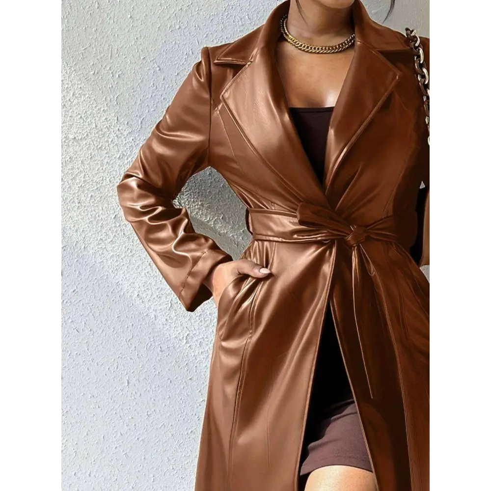 Chic tied pu leather trench coat in timeless luxury fashion for women $60.80 tied, pocketed – experience the perfect