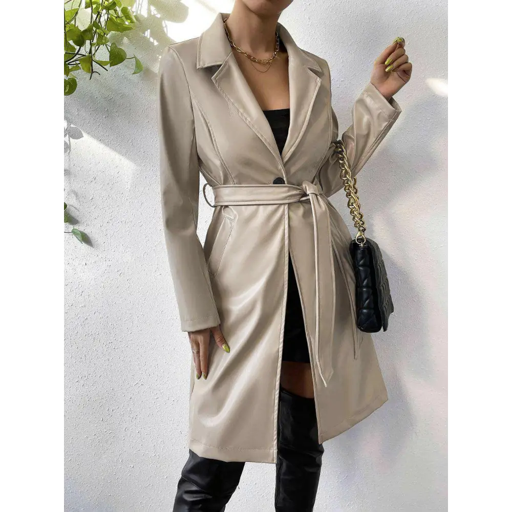 Chic tied pu leather trench coat in timeless luxury fashion for women $60.80 tied, pocketed – experience the perfect