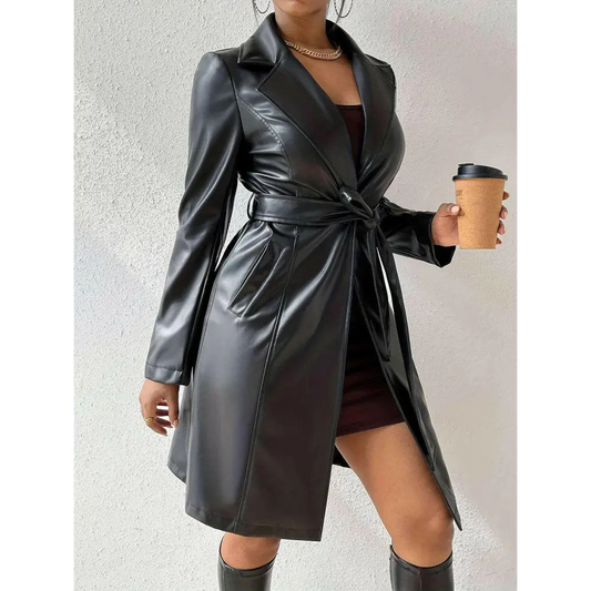 Chic tied pu leather trench coat in timeless luxury fashion for women $60.80 tied, pocketed – experience the perfect