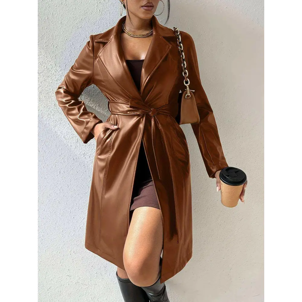 Chic tied pu leather trench coat in timeless luxury fashion for women $60.80 tied, pocketed – experience the perfect