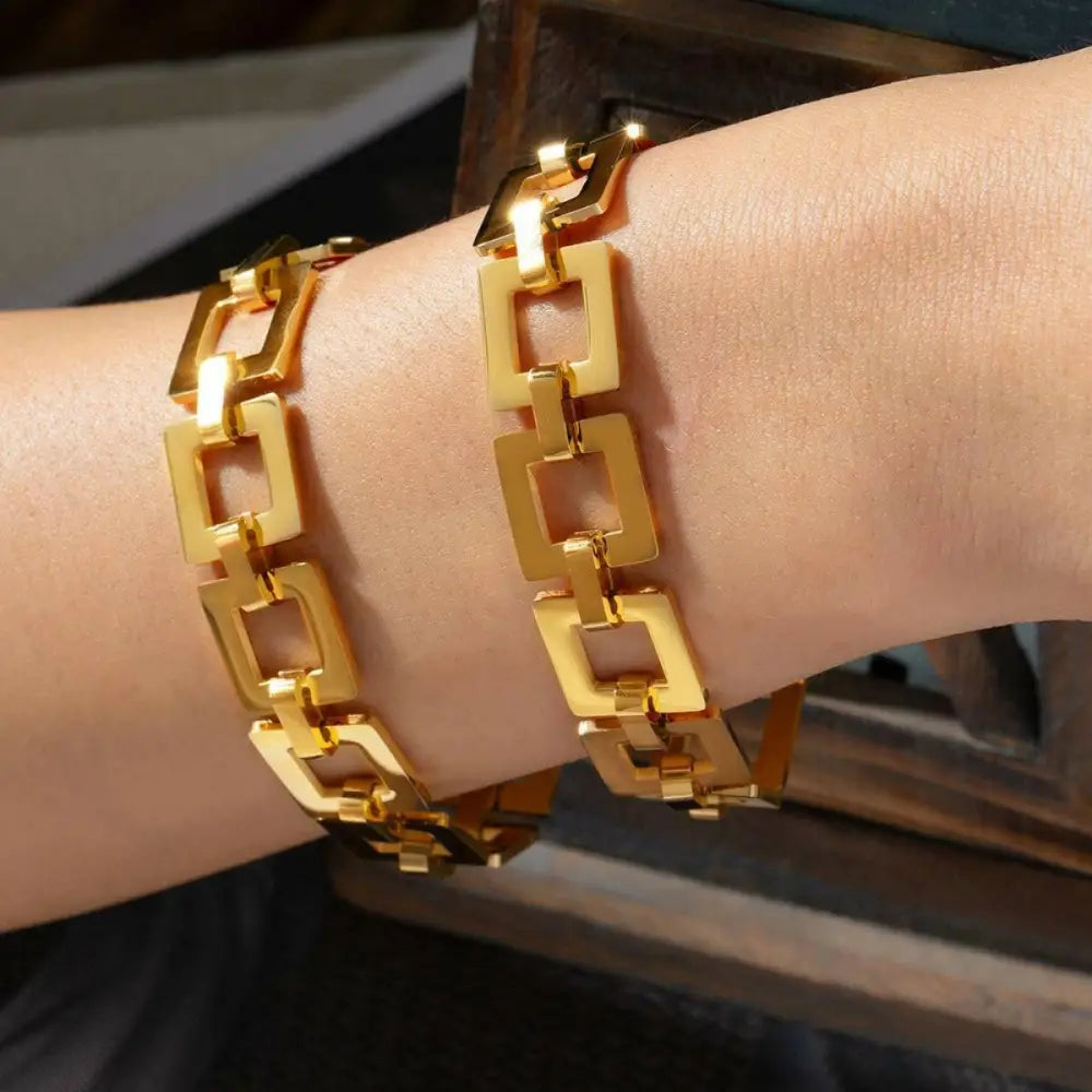 Elevate your style with the titanium steel hollow square bracelet $22 1-piece 18k gold-plated, titanium steel care