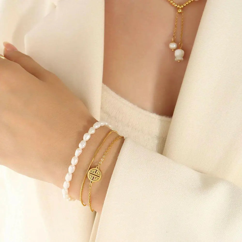 Elevate your style with the elegant layered pearl bracelet in luxury fashion $17 1-piece freshwater pearl, titanium