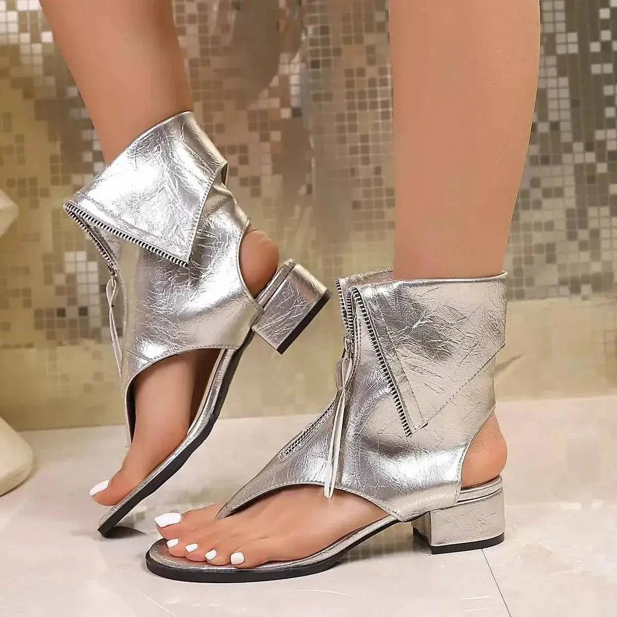 Toe Post Block Heels Sandals in metallic silver PU leather with low block heels and zipper detailing on the ankle strap.