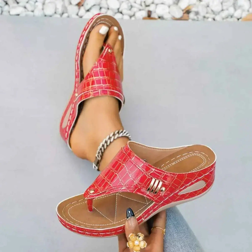 Red faux crocodile PU leather Toe Post Wedge Sandals with mid heels and stitched details