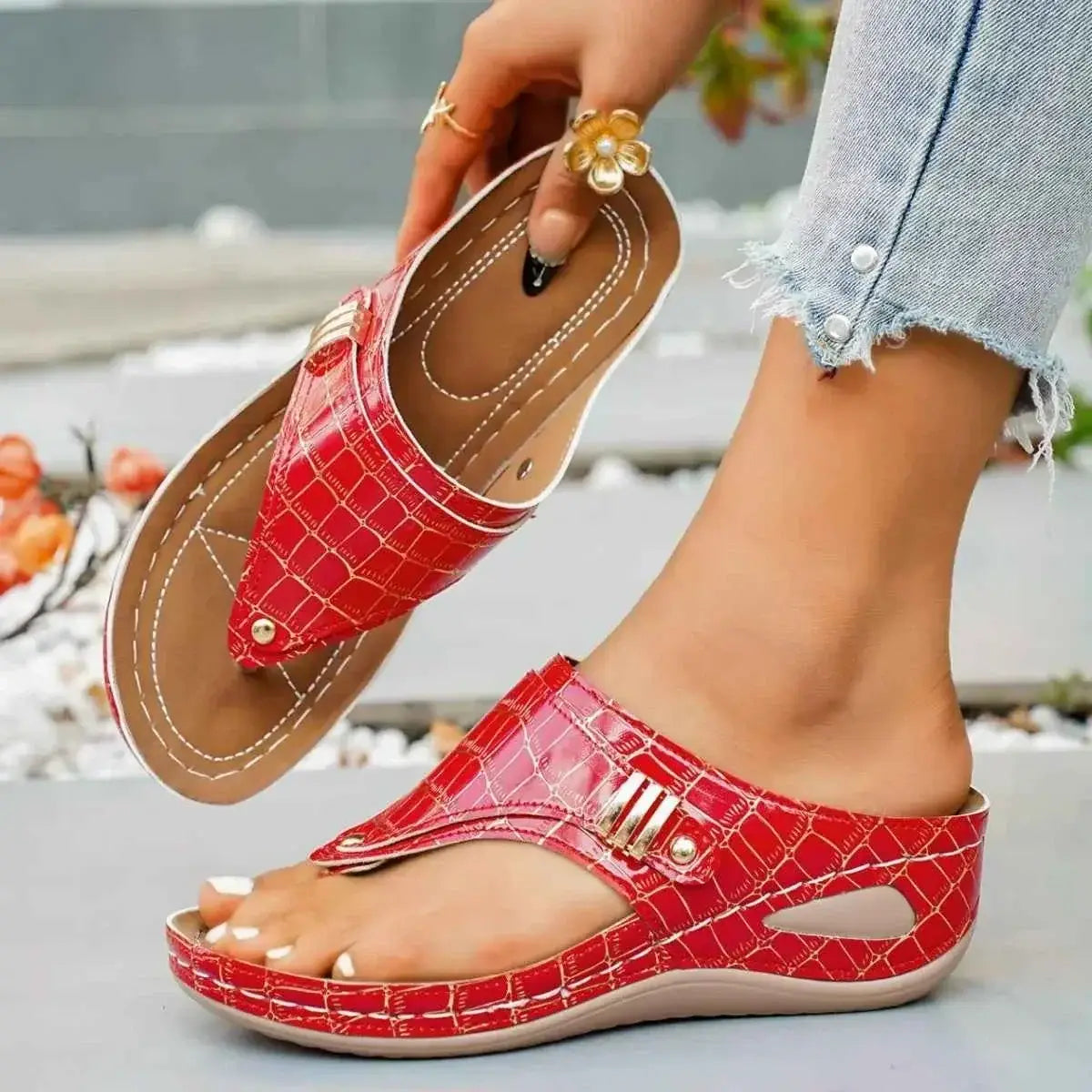 Red PU leather Toe Post Wedge Sandals with a crocodile pattern and mid-height wedge heel, stylish and comfortable