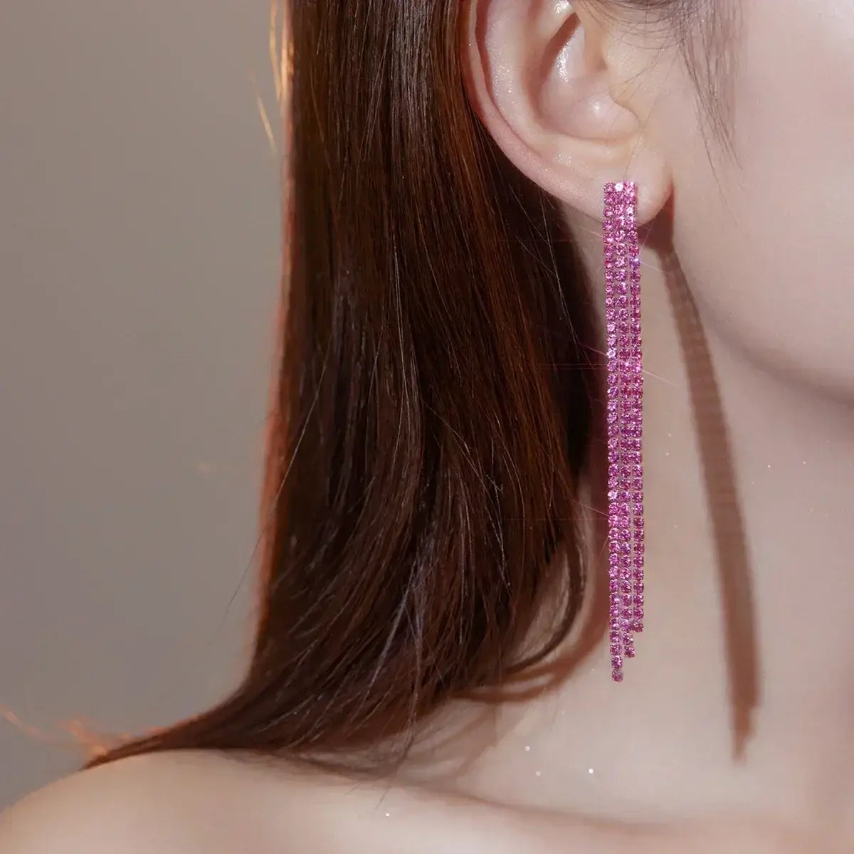 TREAZY earrings shiny pink rhinestone crystal tassel long drop earrings for women bridal party