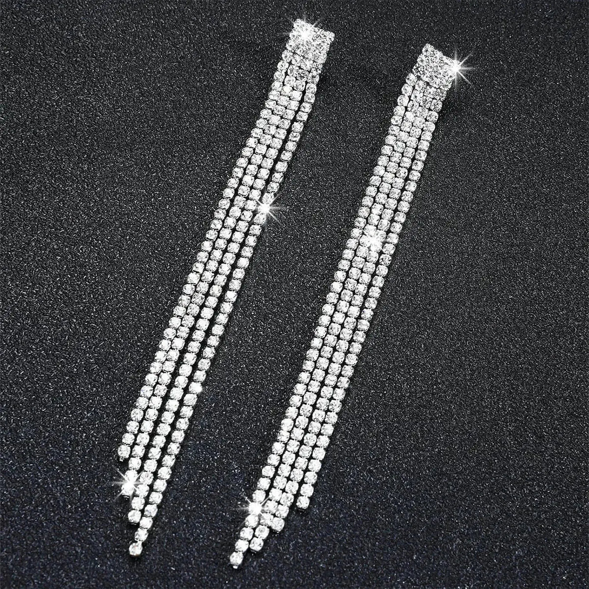 TREAZY earrings long silver crystal rhinestone tassel drop earrings with four sparkling lines for women