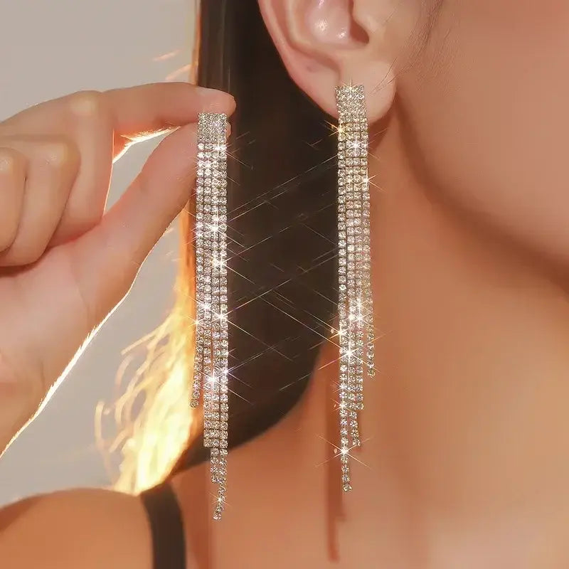 TREAZY earrings silver long drop style with four lines of clear sparkling rhinestone crystals, tassel design