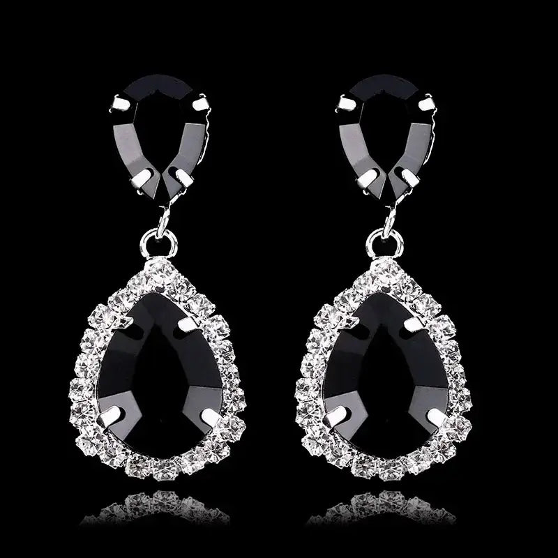 TREAZY Fashion Crystal Earrings silver tone drop earrings with large black teardrop crystals surrounded by clear rhinestones