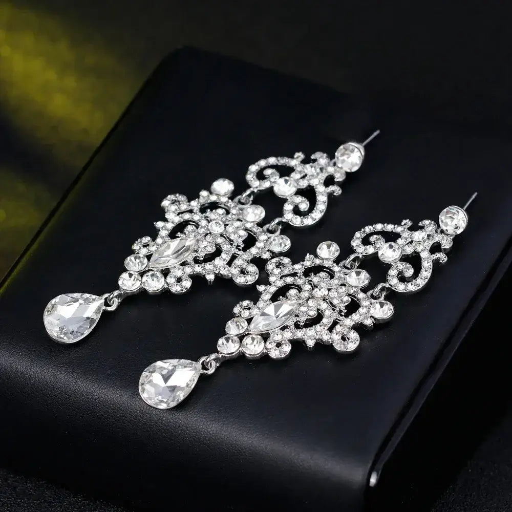 TREAZY Fashion Crystal Earrings silver color bridal drop earrings with clear crystal rhinestones in intricate pattern