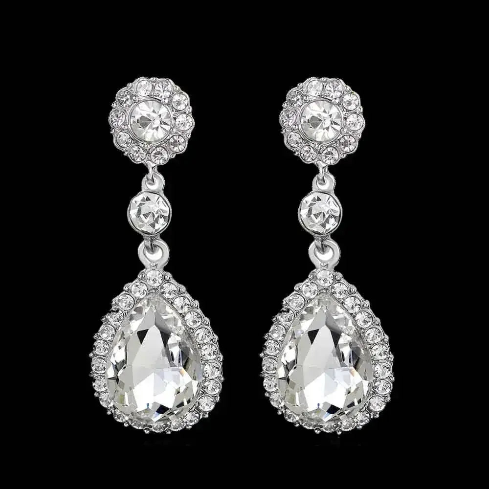 TREAZY Fashion Crystal Earrings silver color bridal drop earrings with clear crystal rhinestones and teardrop design