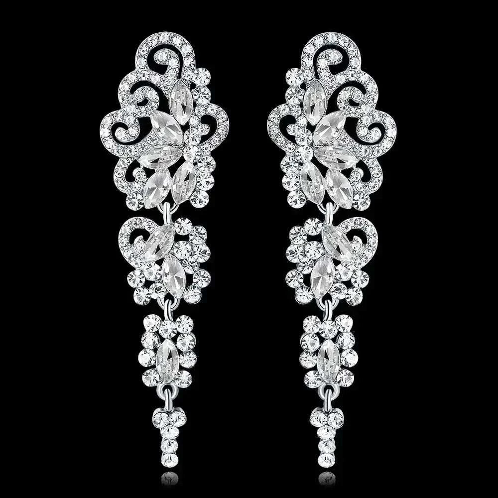 TREAZY Fashion Crystal Earrings silver color bridal drop earrings with intricate swirl and floral crystal design