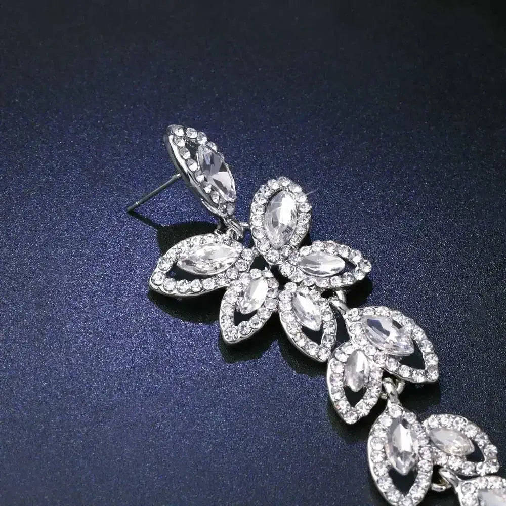 TREAZY Fashion Crystal Earrings silver color bridal drop earring with multiple marquise cut crystals in a floral pattern