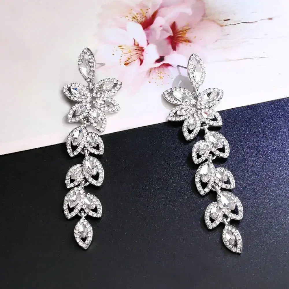 TREAZY Fashion Crystal Earrings silver color bridal drop earrings with crystal rhinestone flower and leaf design