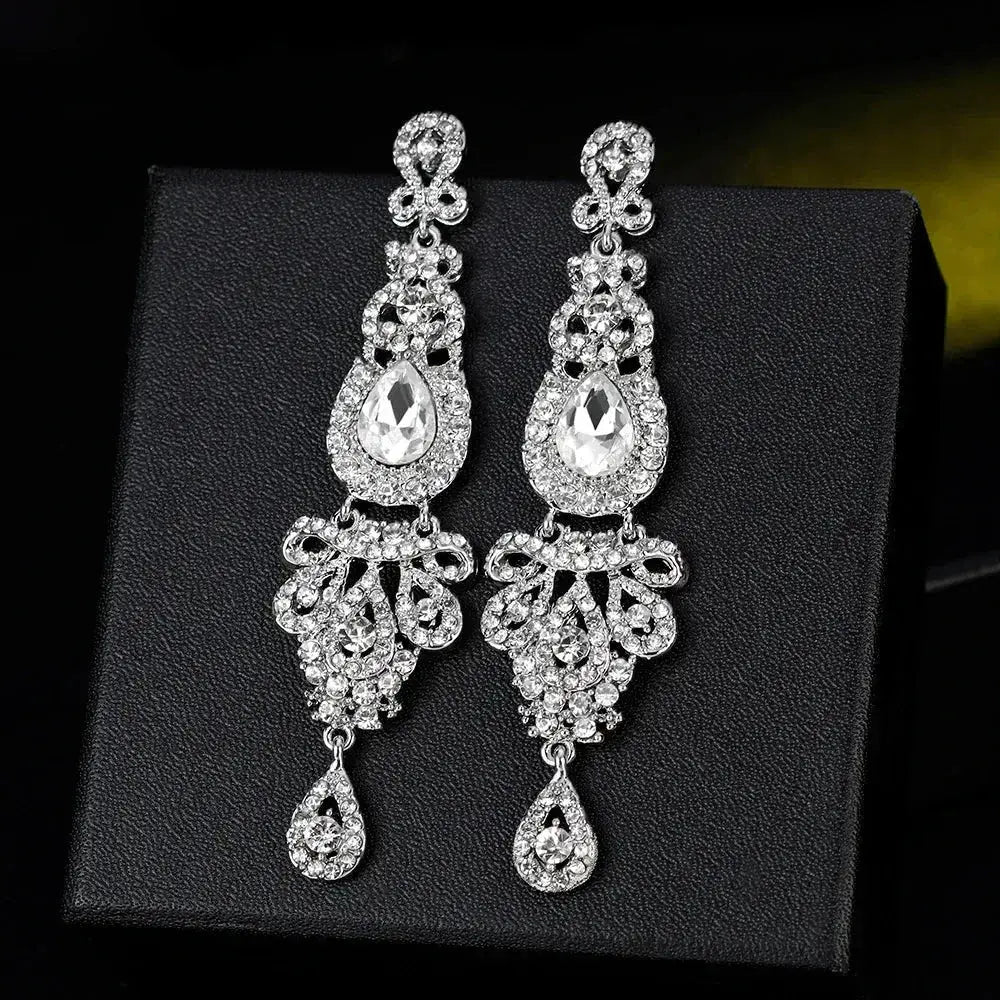 TREAZY Fashion Crystal Earrings silver color bridal dangle fashion drop earrings with intricate rhinestone design