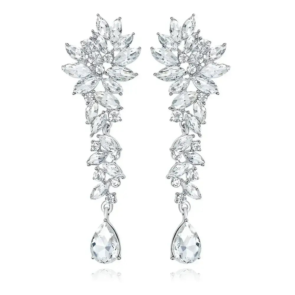 TREAZY Fashion Crystal Earrings silver-plated zinc alloy drop earrings with clear crystal rhinestones in a floral pattern