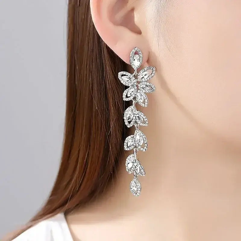 TREAZY Fashion Crystal Earrings silver color crystal drop earrings with floral and leaf pattern for women