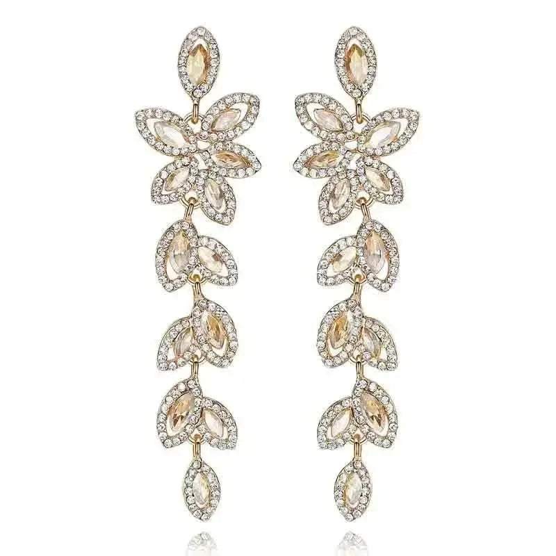 TREAZY Fashion Crystal Earrings silver plated drop earrings with clear crystal stones arranged in a leaf pattern