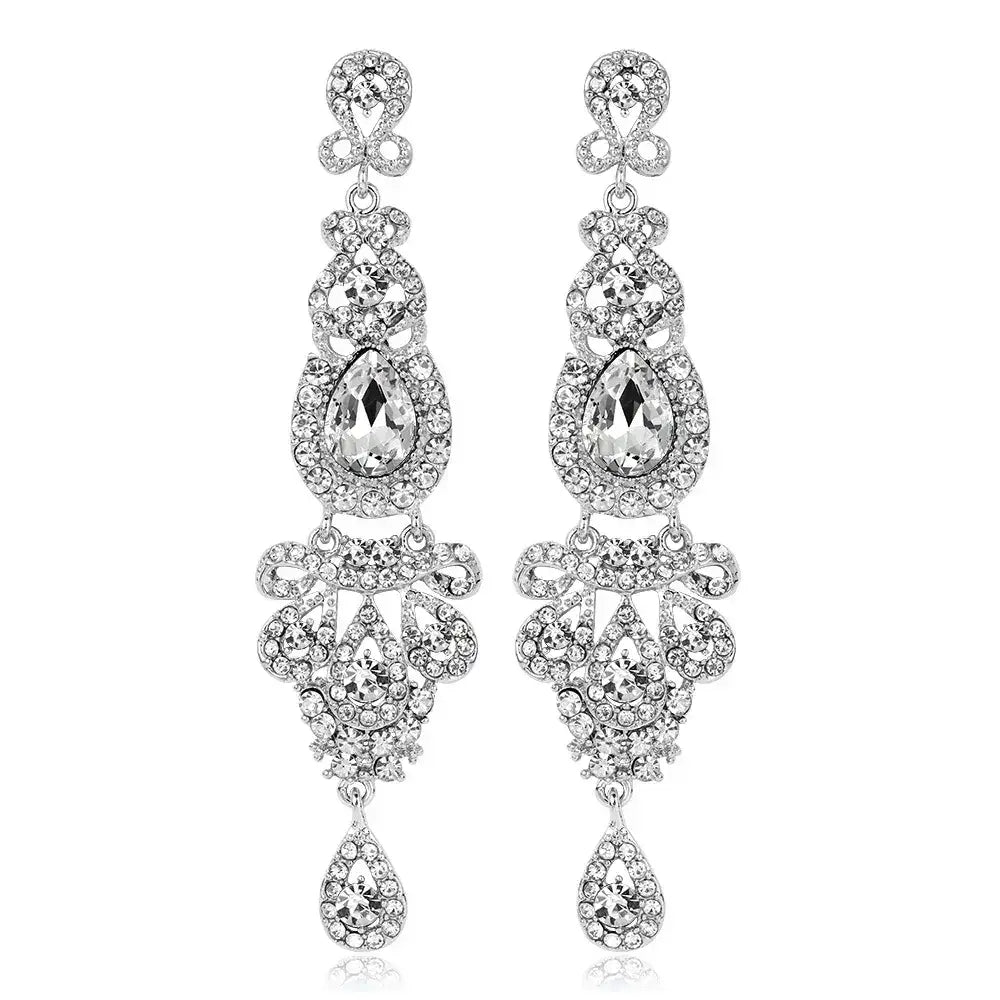 TREAZY Fashion Crystal Earrings long silver-colored drop earrings with intricate crystal rhinestone design and teardrop accents