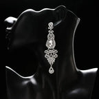 TREAZY Fashion Crystal Earrings long silver drop earrings with intricate crystal rhinestone design and teardrop accents
