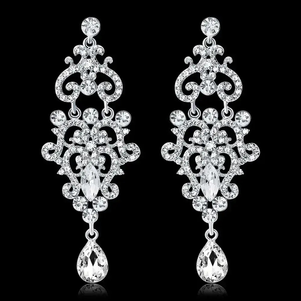 TREAZY Fashion Crystal Earrings silver-colored fashion drop earrings with intricate floral and scrollwork crystal design and teardrop dangle