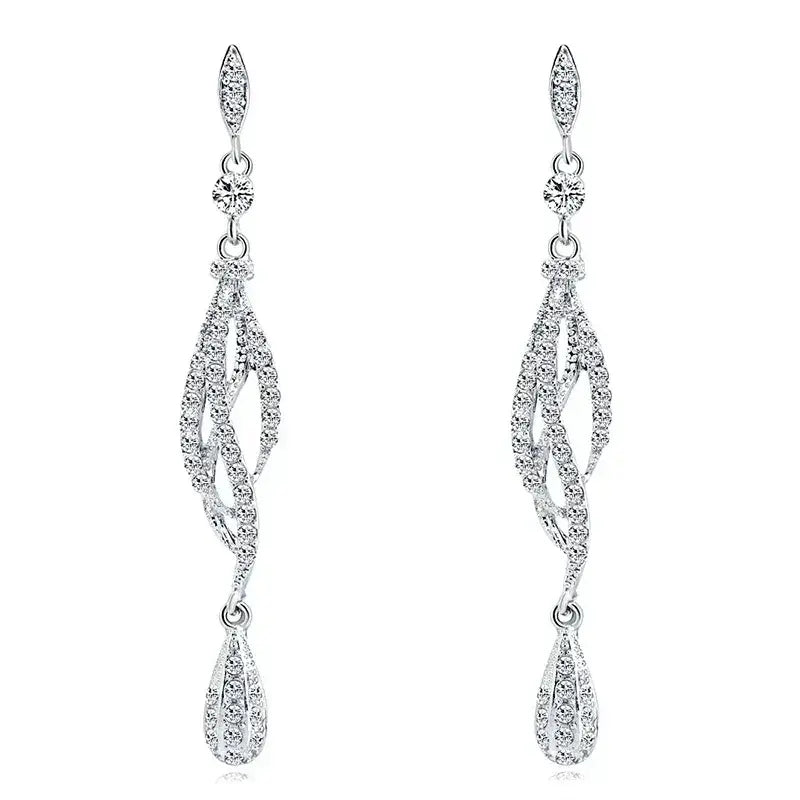TREAZY Fashion Crystal Earrings silver color drop earrings with intricate crystal-studded leaf and teardrop design