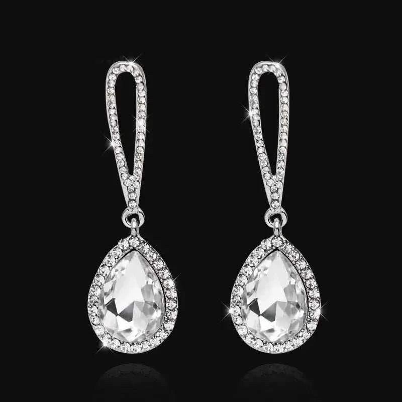 TREAZY Fashion Crystal Earrings silver plated drop earrings with teardrop-shaped crystal surrounded by small rhinestones