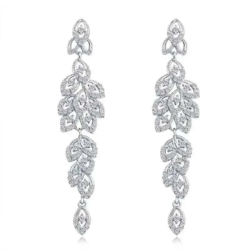 TREAZY Fashion Crystal Earrings long silver plated zinc alloy drop earrings with intricate leaf pattern and clear crystals