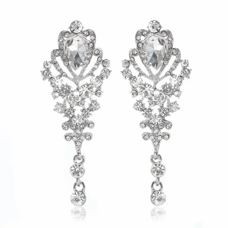 TREAZY Fashion Crystal Earrings silver plated bridal drop earrings with clear crystal rhinestones in elegant floral pattern