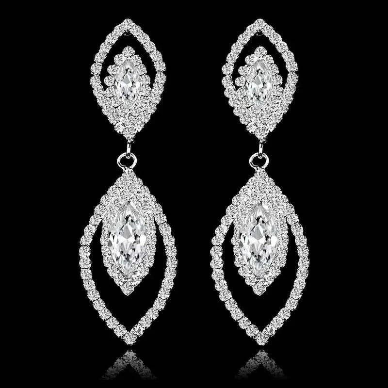 TREAZY Fashion Crystal Earrings silver plated drop earrings with intricate crystal rhinestone design in elegant bridal style
