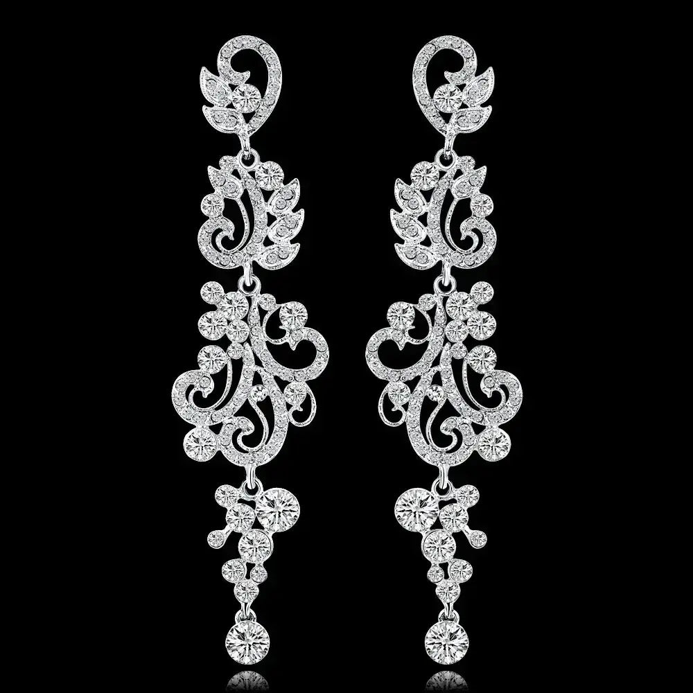 TREAZY Fashion Crystal Earrings silver plated crystal drop earrings with intricate floral and swirl plant pattern