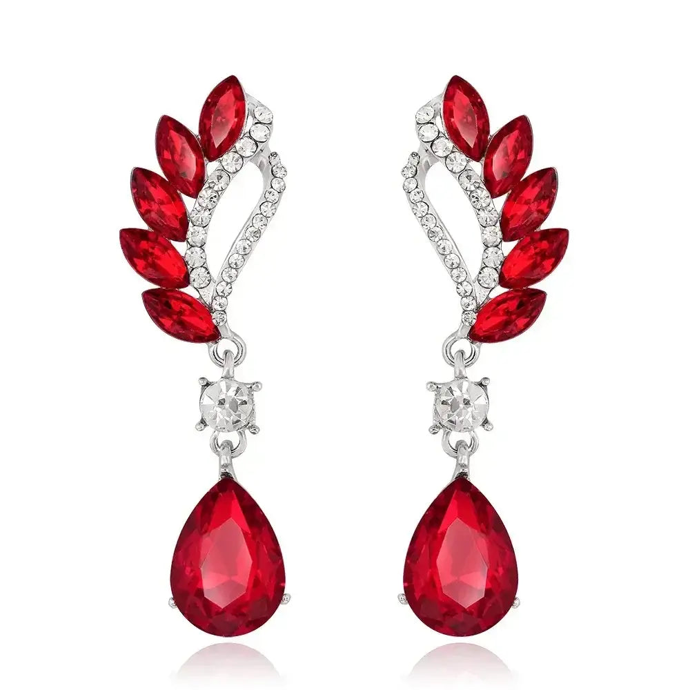 TREAZY Fashion Crystal Earrings silver plated drop earrings with red teardrop and marquise crystals in plant pattern design