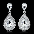TREAZY Fashion Crystal Earrings with silver-plated zinc alloy featuring teardrop-shaped clear crystals and surrounding rhinestones