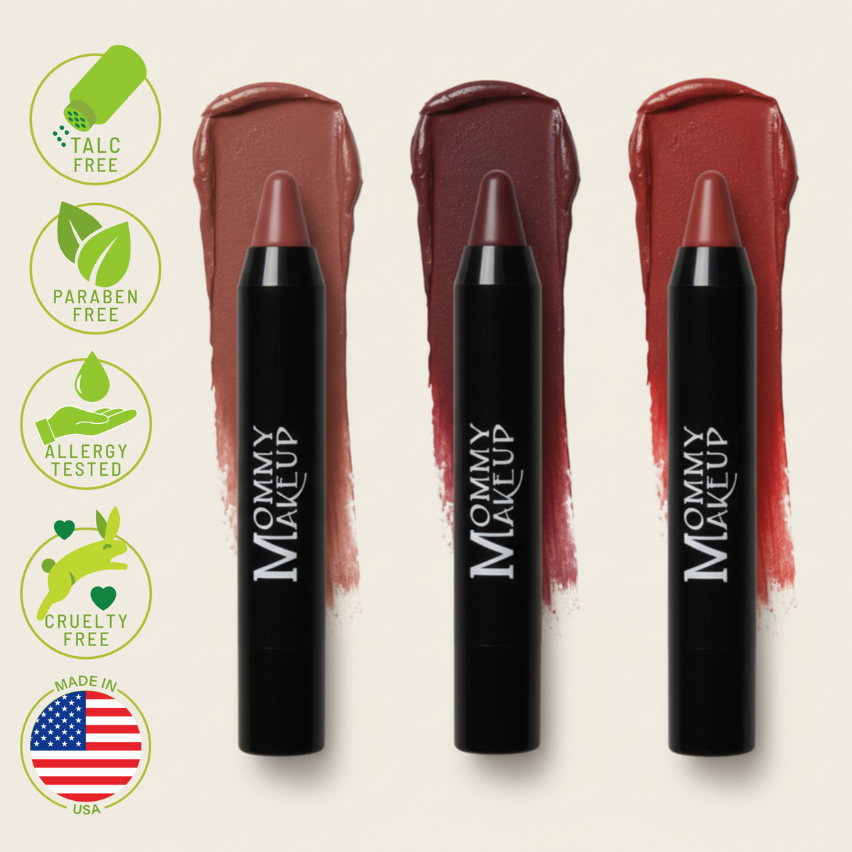 Triple Sticks makeup pencils in three shades of creamy matte pink, burgundy, and red with black casing and product brand