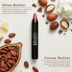 Triple Sticks cream lipstick and blush stick in pink shade with black casing surrounded by shea and cocoa butter nuts showing moisturizing ingredients