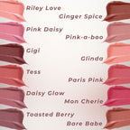 Triple Sticks lipstick and cream blush swatches in a range of soft pink, nude, berry, and brown shades with names visible