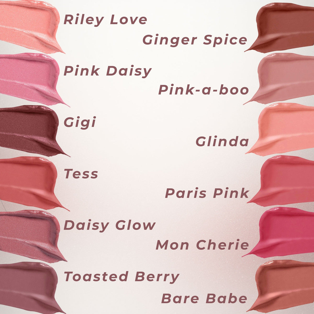 Triple Sticks lipstick and cream blush swatches in a range of soft pink, nude, berry, and brown shades with names visible