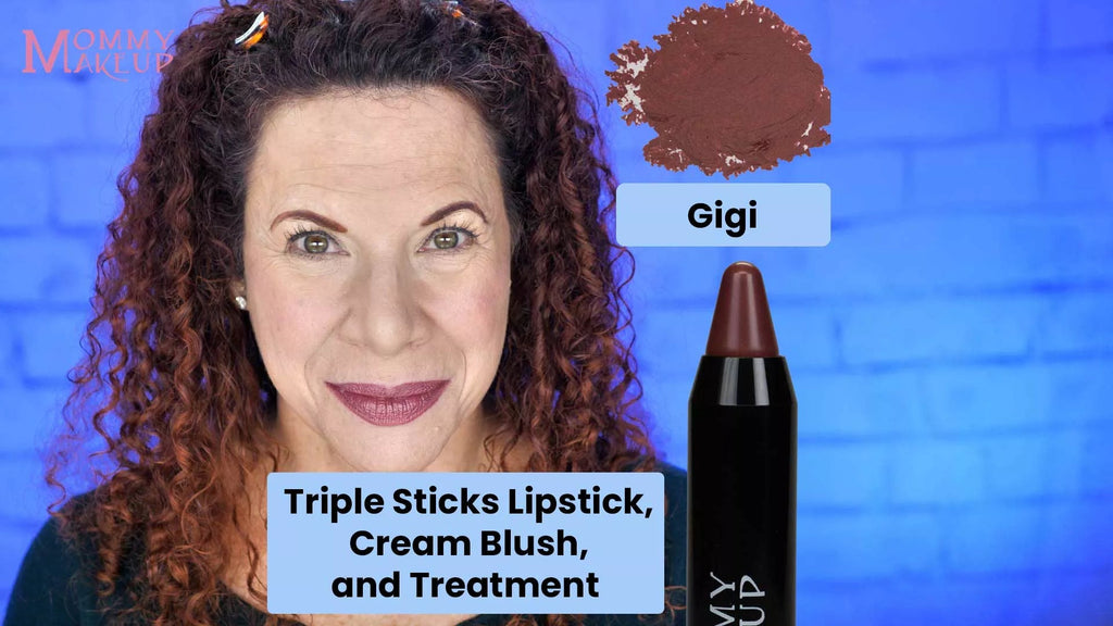 Triple Sticks lipstick cream blush and treatment in deep reddish brown Gigi shade applied on lips and shown as swatch