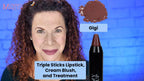 Triple Sticks lipstick cream blush and treatment in deep reddish brown Gigi shade applied on lips and shown as swatch