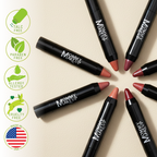 Triple Sticks Lipstick in various rosy shades with black sleek tubes labeled Mommy Makeup arranged in a circle