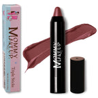 Triple Sticks cream lipstick in a mauve shade with a black tube and Mommy Makeup branding, with a swatch behind it