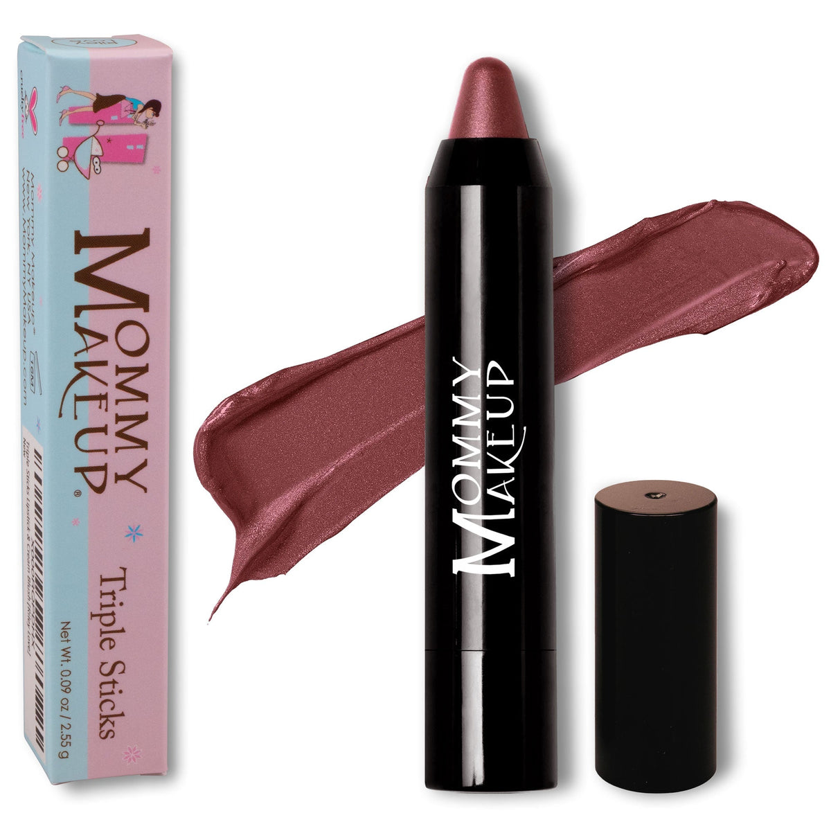 Triple Sticks cream lipstick in a mauve shade with a black tube and Mommy Makeup branding, with a swatch behind it