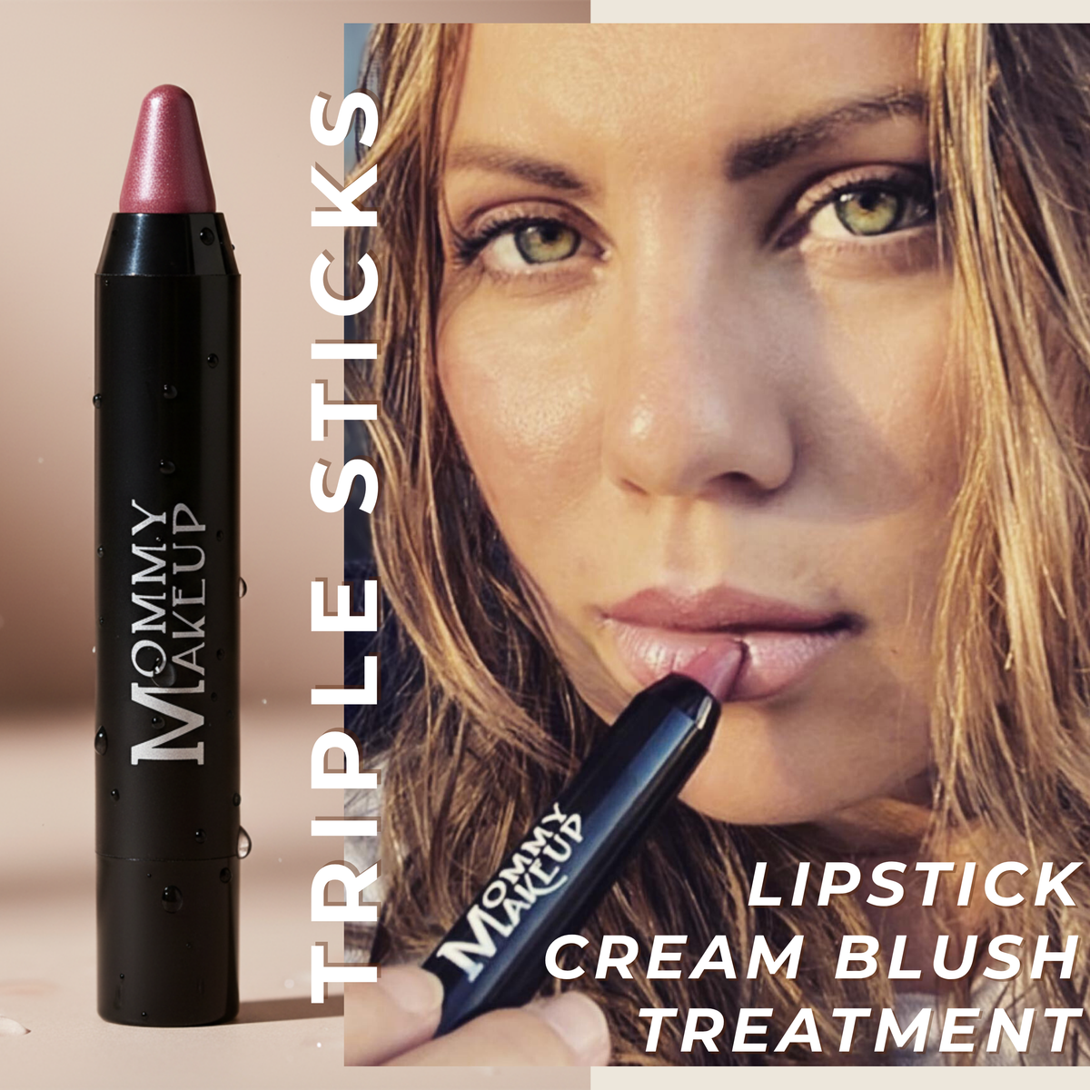 Triple Sticks lipstick, cream blush, and treatment in a black crayon stick with pinkish mauve cream color, held by a woman applying it to lips