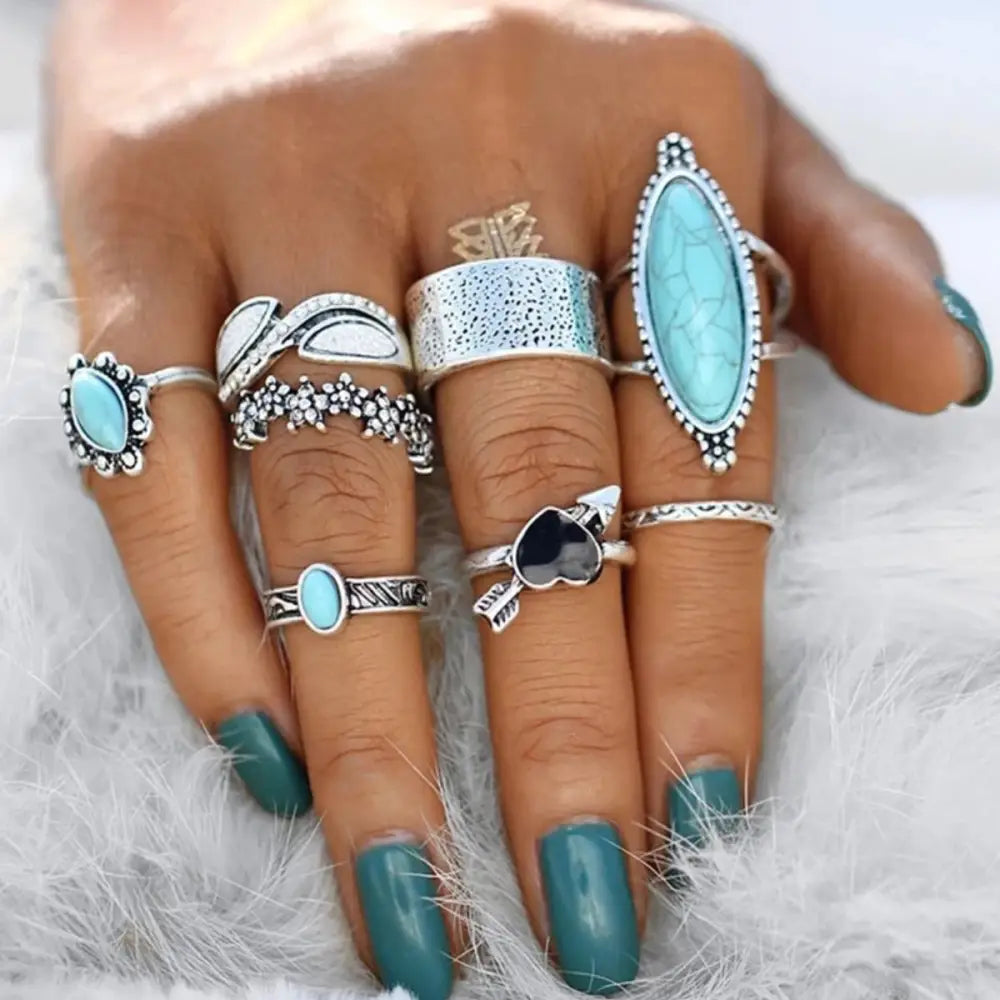 Turquoise alloy 8-piece ring set $9.99 8-piece turquoise, alloy care avoid wearing during exercise, as sweat will react