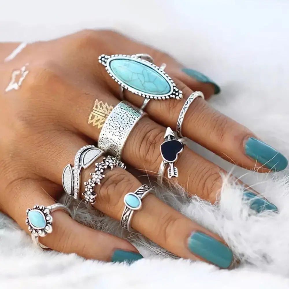 Turquoise alloy 8-piece ring set $9.99 8-piece turquoise, alloy care avoid wearing during exercise, as sweat will react